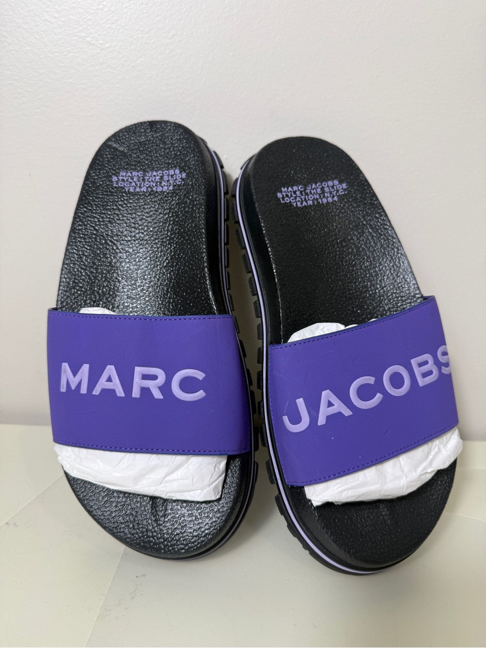 Marc Jacobs The Slide Sandals Purple Black Logo Slip On Shoes Womens Size 8 New